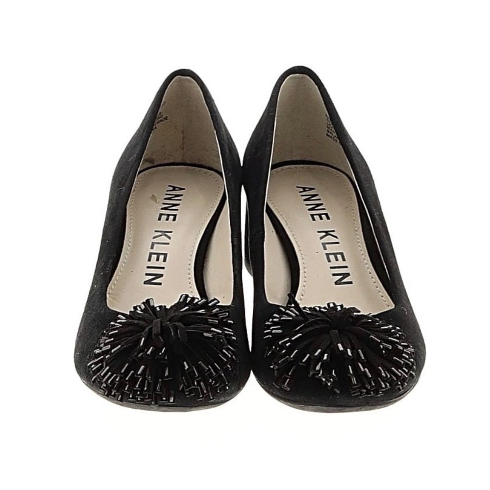 Anne Klein Black Suede Happy Beaded Pom-Pom Low Block Heel Pumps Shoes 6